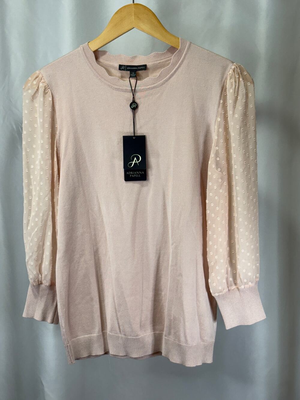 Adrianna Papell Women’s Small Blush Pink Sweater Sheer Swiss Dot Puff Sleeve NWT